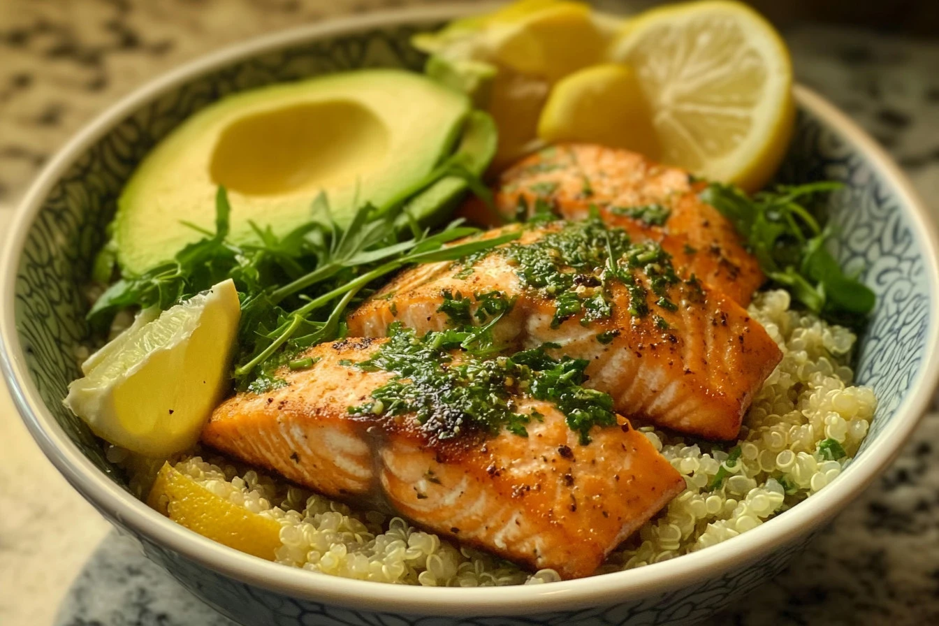 Lemon Herb Salmon and Avocado Quinoa Bowl